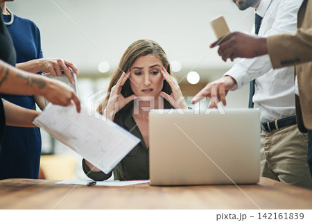 Stress, chaos and business woman with headache for documents, report and office crisis on computer. Confused auditor or accountant for multitasking, deadline and bad time management with people hands 142161839