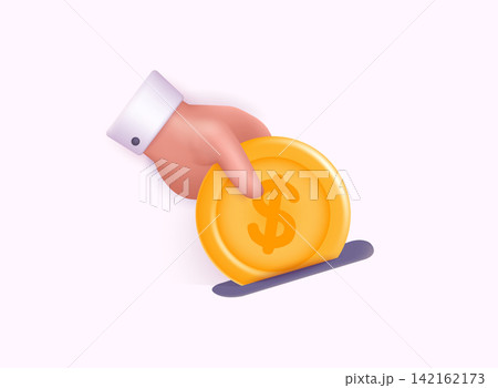 Human hand putting gold coin to donation box for needing people. 3D Web Vector Illustrations. 142162173
