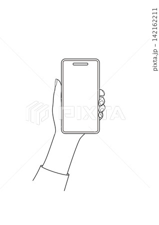 スマートフォンを片手で持つ女性の手元の線画イラスト スマートフォンを片手で持つ女性の手元の線画イラスト 142162211
