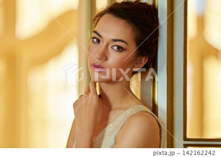 Elegant, beauty and portrait of woman at gala event in fashion style, cosmetics and makeup. Vintage, evening aesthetic and face of person with confidence, pride and luxury glamour for charity ball Elegant, beauty and portrait of woman at gala event in fashion style, cosmetics and makeup. Vintage, evening aesthetic and face of person with confidence, pride and luxury glamour for charity ball 142162242