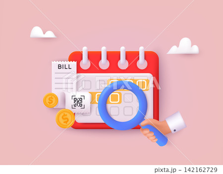 Calendar icon symbol with magnificent glass in hand. Subscription pay calendar fee annual button. Payment date. 3D Web Vector Illustrations. Calendar icon symbol with magnificent glass in hand. Subscription pay calendar fee annual button. Payment date. 3D Web Vector Illustrations. 142162729
