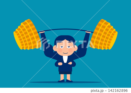 Strong businesswoman lifting heavy weighted with gold coins represents financial strength and economic power icons. the weight of wealth management. Strong businesswoman lifting heavy weighted with gold coins represents financial strength and economic power icons. the weight of wealth management. 142162896