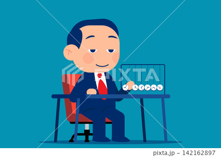 Person plays with Pendulum of Newtown Balancing Balls, Businessman in deep thinking and looking at Newton's Cradle 142162897