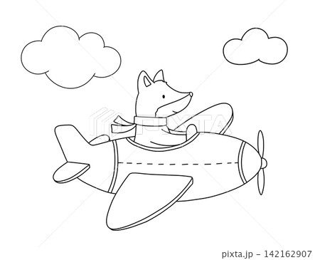 Cute fox flying plane for coloring books and printable page. Cartoon animal pilot character. Childish simple line drawing for kids. Vector isolated monochrome illustration on white background 142162907
