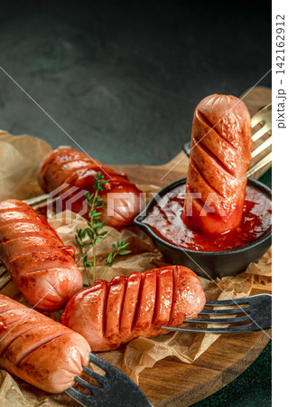 Grilled sausages with ketchup dip on wooden board Grilled sausages with ketchup dip on wooden board 142162912