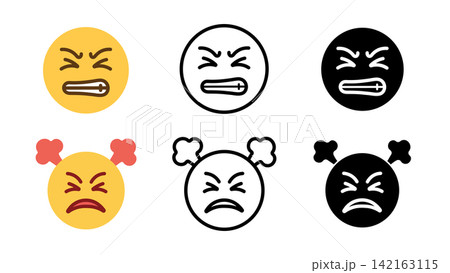 Angry frustrated face emoji emotion icon set outline silhouette and color vector isolated on white background Angry frustrated face emoji emotion icon set outline silhouette and color vector isolated on white background 142163115