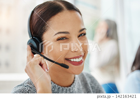 Portrait, sales or happy woman consultant in call center talking or networking online in telecom support. Smile, headset or virtual assistant in communication or conversation at customer services Portrait, sales or happy woman consultant in call center talking or networking online in telecom support. Smile, headset or virtual assistant in communication or conversation at customer services 142163421
