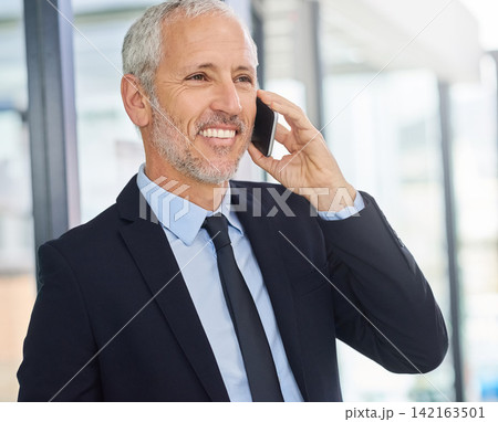 Mature man, phone call and contact in office for deal, talking and b2b connection for business planning. Male person, hello and hr manager for career opportunity, sale and speak on app for hiring 142163501