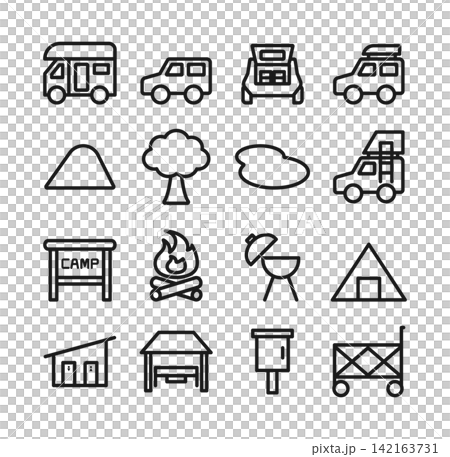 Set of 16 line art icons for camping and outdoor activities Set of 16 line art icons for camping and outdoor activities 142163731