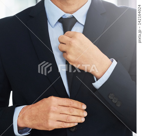 Businessman, fixing tie and suit on for fashion, professional clothes or stylish employee with confidence. Closeup, male person and corporate wear for executive, attorney or lawyer job interview 142164024