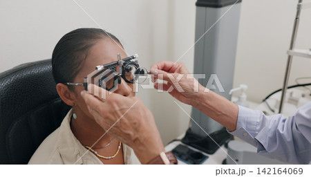 Women, optometry and patient with trial lens for eye exam, vision test and prescription for glasses at store. Optometrist, doctor and consultation with assessment for eyesight, care and support Women, optometry and patient with trial lens for eye exam, vision test and prescription for glasses at store. Optometrist, doctor and consultation with assessment for eyesight, care and support 142164069