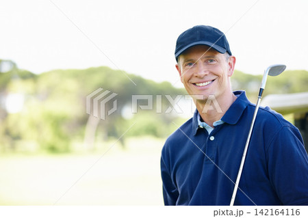 Mature man, happy and portrait on golf course for competition, health or fitness in activewear on summer day. Person, smiling and confident for exercise, tournament or outdoor contest in club 142164116