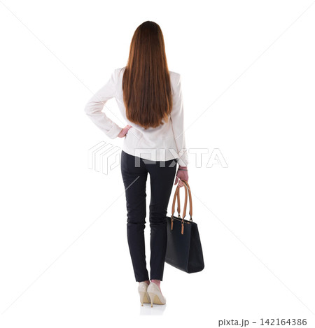 Studio, business woman and back view for fashion, formal clothes and mockup space. Female person, career and consultant with handbag or backdrop, confidence and stylish outfit on white background Studio, business woman and back view for fashion, formal clothes and mockup space. Female person, career and consultant with handbag or backdrop, confidence and stylish outfit on white background 142164386
