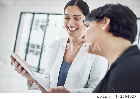 Business, woman and office with tablet for meeting for planning, research and ideas with wireless technology. Professional, people and working on computer for teamwork for finance report on company Business, woman and office with tablet for meeting for planning, research and ideas with wireless technology. Professional, people and working on computer for teamwork for finance report on company 142164627