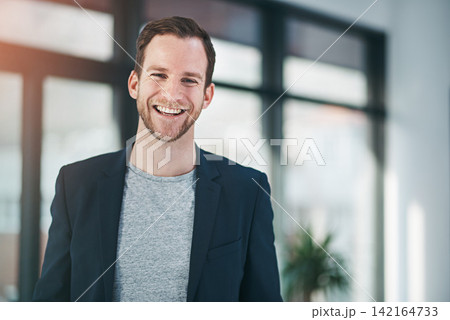 Portrait, happy and professional man in office for working, entrepreneur and management for startup company. Businessman, smile and dedication in workplace for career, employee and leadership role. Portrait, happy and professional man in office for working, entrepreneur and management for startup company. Businessman, smile and dedication in workplace for career, employee and leadership role. 142164733