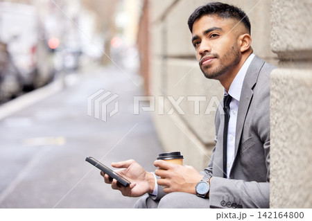 Coffee, thinking and businessman with phone in city for social media, travel and serious salesman planning future. Mobile, idea and professional in street outdoor for decision, dream or brainstorming Coffee, thinking and businessman with phone in city for social media, travel and serious salesman planning future. Mobile, idea and professional in street outdoor for decision, dream or brainstorming 142164800