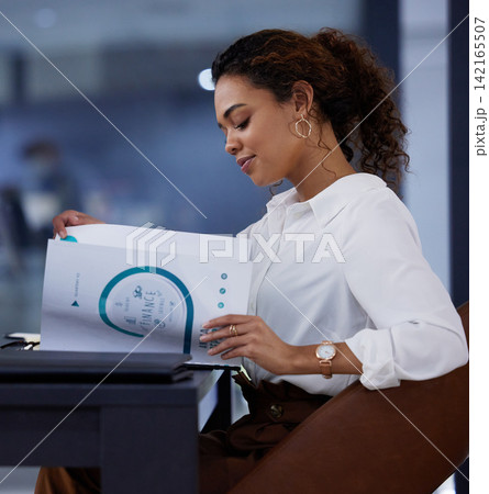 Girl, documents and office in finance and review in accounting, professional and desk. Paperwork, proposal and analysis for audit, report and work in woman, consultant and annual budget strategy 142165507