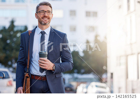 Smile, businessman and coffee in city for morning, transportation and career in New York. Lawyer, corporate male and hot beverage on sidewalk for travel, walking and happiness in Manhattan street Smile, businessman and coffee in city for morning, transportation and career in New York. Lawyer, corporate male and hot beverage on sidewalk for travel, walking and happiness in Manhattan street 142165525