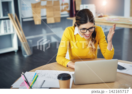 Excited, online meeting and woman in office, video and small business owner with laptop. Technology, smile and fashion designer with frustration on computer, success and happy on call with suppliers 142165717
