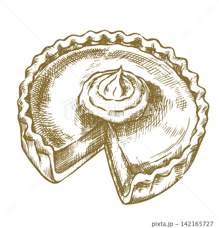 Pumpkin pie, vintage vector illustration. Thanksgiving dessert. 142165727