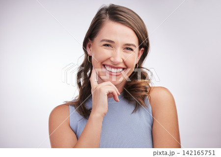 Woman, smile and portrait in studio, fashion and happiness in clothes, outfit and confidence of lady. Pink background, joy and female model with pride, positive and cheerful in mockup space or person Woman, smile and portrait in studio, fashion and happiness in clothes, outfit and confidence of lady. Pink background, joy and female model with pride, positive and cheerful in mockup space or person 142165751