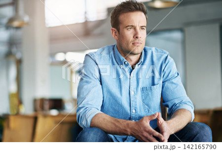 Thinking, serious and man on sofa with design agency for idea, startup inspiration or question. Entrepreneur, thoughtful and male person for confident, problem solving or planning career goal Thinking, serious and man on sofa with design agency for idea, startup inspiration or question. Entrepreneur, thoughtful and male person for confident, problem solving or planning career goal 142165790