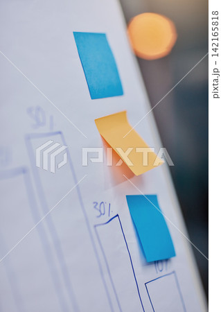 Sticky note, data and board with chart, business or planning in office with bokeh on empty label. Paper, closeup and whiteboard with graph for statistics, analysis and reminder for brainstorming info 142165818