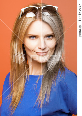 Woman, before and after or versus for portrait in studio to compare aging from youth with time in collage. Happy, female person and beauty with care from dermatology for treatment of wrinkles 142165937