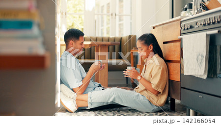 Coffee, relax and couple on the floor, home and care with romance and communication with cappuccino. Apartment, woman and man with tea and bonding together for happiness and relationship with love Coffee, relax and couple on the floor, home and care with romance and communication with cappuccino. Apartment, woman and man with tea and bonding together for happiness and relationship with love 142166054