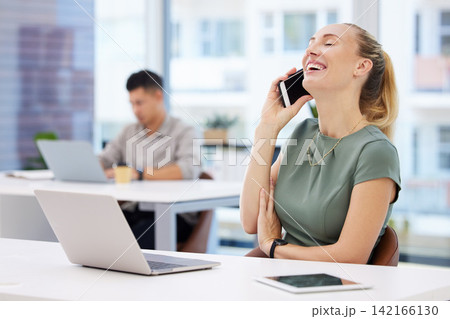 Woman, laugh and phone call in office with laptop, smartphone and communication for business people. Web, and internet search on tablet for funny information, company and online talk on technology Woman, laugh and phone call in office with laptop, smartphone and communication for business people. Web, and internet search on tablet for funny information, company and online talk on technology 142166130