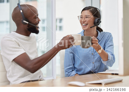 Man, woman and call centre colleagues with cheers, coffee and celebration at desk in office. Customer service, contact us and crm agents at workplace, teamwork and help or support for happy employees Man, woman and call centre colleagues with cheers, coffee and celebration at desk in office. Customer service, contact us and crm agents at workplace, teamwork and help or support for happy employees 142166198