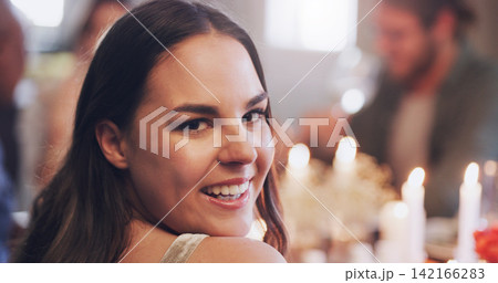 Thanksgiving lunch, candles and portrait of woman smiling with friends in house for birthday, celebration and food. Dinner party, table and female person with people for social, holiday and eating 142166283