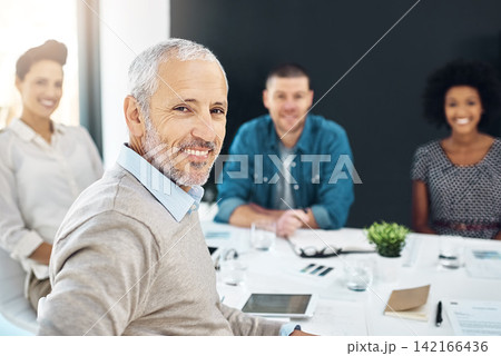 Creative, people and portrait of meeting for project management with proposal, report or planning. Teamwork, collaboration and mature businessman with review, advice in workshop or feedback in office Creative, people and portrait of meeting for project management with proposal, report or planning. Teamwork, collaboration and mature businessman with review, advice in workshop or feedback in office 142166436