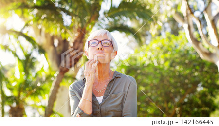 Old woman, vision or thinking at a park, reflection or remember with nostalgia and choice for life extension treatment. Retirement, wellness and relax in garden, mindfulness and hope for antiaging 142166445