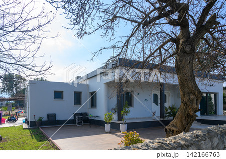 Charming modern house with peaceful garden under a clear blue sky neighborhood Charming modern house with peaceful garden under a clear blue sky neighborhood 142166763