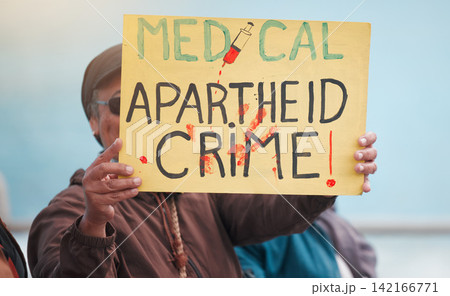 Person, protest and board in street for vaccine, opinion and sign for corona, medical or human rights. Crowd, support and fight to stop pharma crime with choice, decision and covid with voice in city 142166771