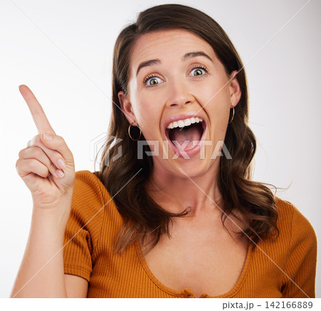Wow, idea and portrait of woman with hand pointing in studio for news, offer or shocking announcement on white background. Omg, face or model with emoji for unexpected giveaway, deal or prize 142166889
