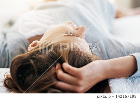 Sleeping, morning and woman in bed in home for relaxing, resting and wake up from dreaming. Bedroom, house and closeup of person with blanket on weekend, vacation and break for comfortable nap Sleeping, morning and woman in bed in home for relaxing, resting and wake up from dreaming. Bedroom, house and closeup of person with blanket on weekend, vacation and break for comfortable nap 142167199