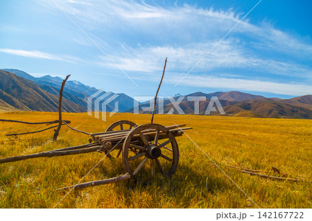 Vintage Wooden Cart in Golden Field with Mountain Background Vintage Wooden Cart in Golden Field with Mountain Background 142167722