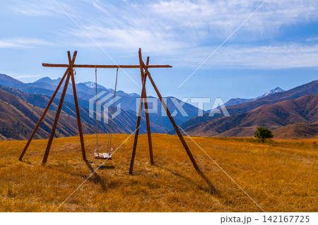 Rustic Wooden Swing Set in Golden Grass Field Rustic Wooden Swing Set in Golden Grass Field 142167725