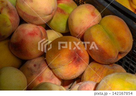 Freshly harvested peaches bask under the sun, showcasing their vibrant colors and juicy allure at a local farm market 142167854