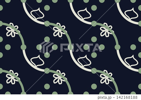 Modern botanical seamless tile, leaves and daisies in navy Modern botanical seamless tile, leaves and daisies in navy 142168188