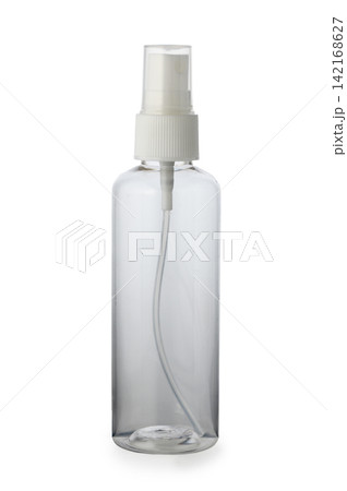 Empty clear plastic spray bottle with white pump and cap isolated on white Empty clear plastic spray bottle with white pump and cap isolated on white 142168627