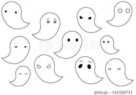 ハロウィン 手書きのおばけ喜怒哀楽いろんな表情セット 黒線 ハロウィン 手書きのおばけ喜怒哀楽いろんな表情セット 黒線 142168731