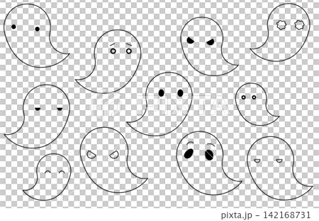 ハロウィン 手書きのおばけ喜怒哀楽いろんな表情セット 黒線 ハロウィン 手書きのおばけ喜怒哀楽いろんな表情セット 黒線 142168731