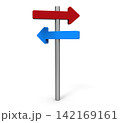 Red and Blue Signpost Arrows Pointing Opposite Ways 142169161