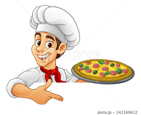 Chef Pizza Cook Serving Plate Cartoon Man Pointing 142169612