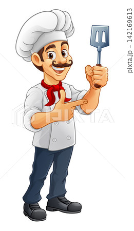 Chef Baker Cook Cartoon Man Spatula Pointing 142169613