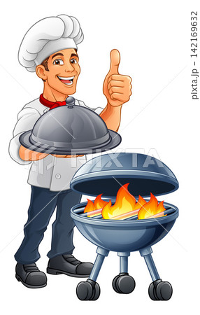 Chef Cartoon Barbecue Cook Man Mascot Character Chef Cartoon Barbecue Cook Man Mascot Character 142169632