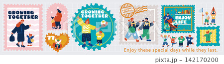 「GROWING TOGETHER」親子の成長をテーマにした切手風バナーイラスト 142170200